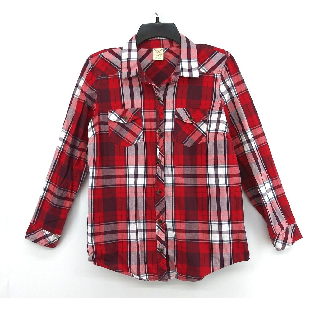 Faded Glory Shirt Womens Small Red Plaid Long Sleeve Collared Button Up Top